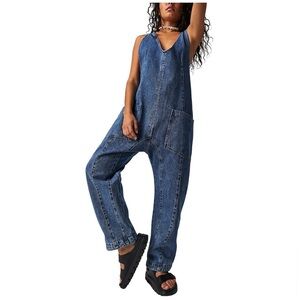 Free People We The Free Good Luck Denim Overalls Small Relaxed Barrel Leg